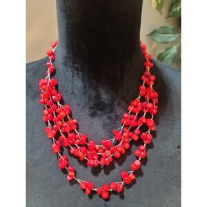 Women's Red Beaded Multi Strand Necklace With Lobster Clasp Handmade Jewelry